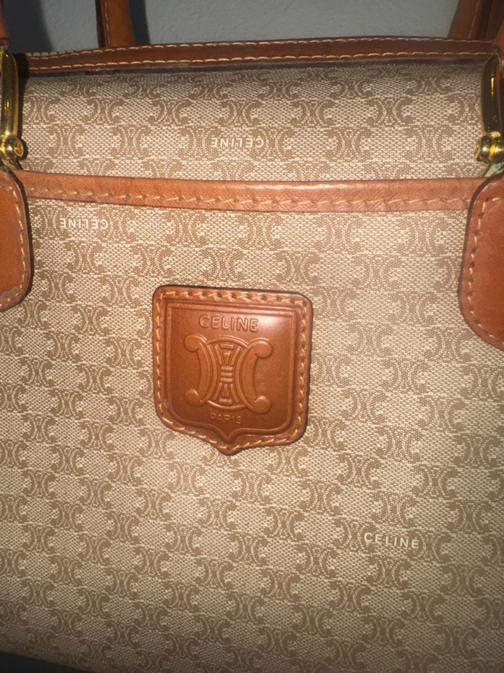 Celine Beige Monogram Macadam Boston Bag with Tan Leather Trim - Picture 2 of 16